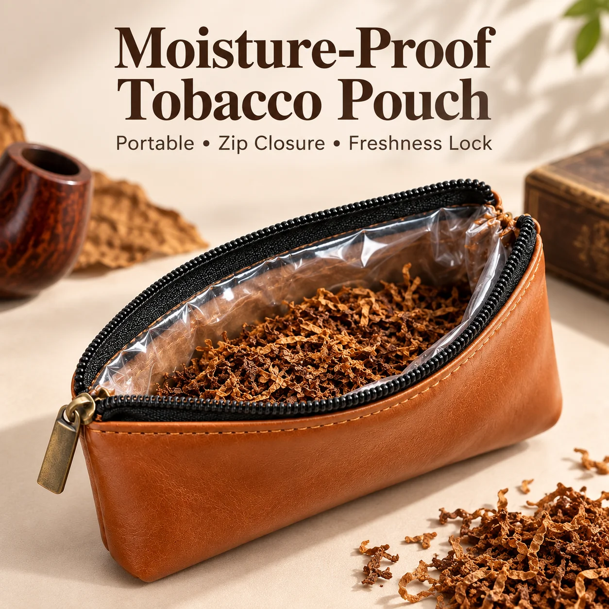 Portable PU Leather Tobacco Pouch Zipper Smoking Tobacco Storage Bag with Moisture-Proof Lining for Pipe Rolling Tobacco Accesso