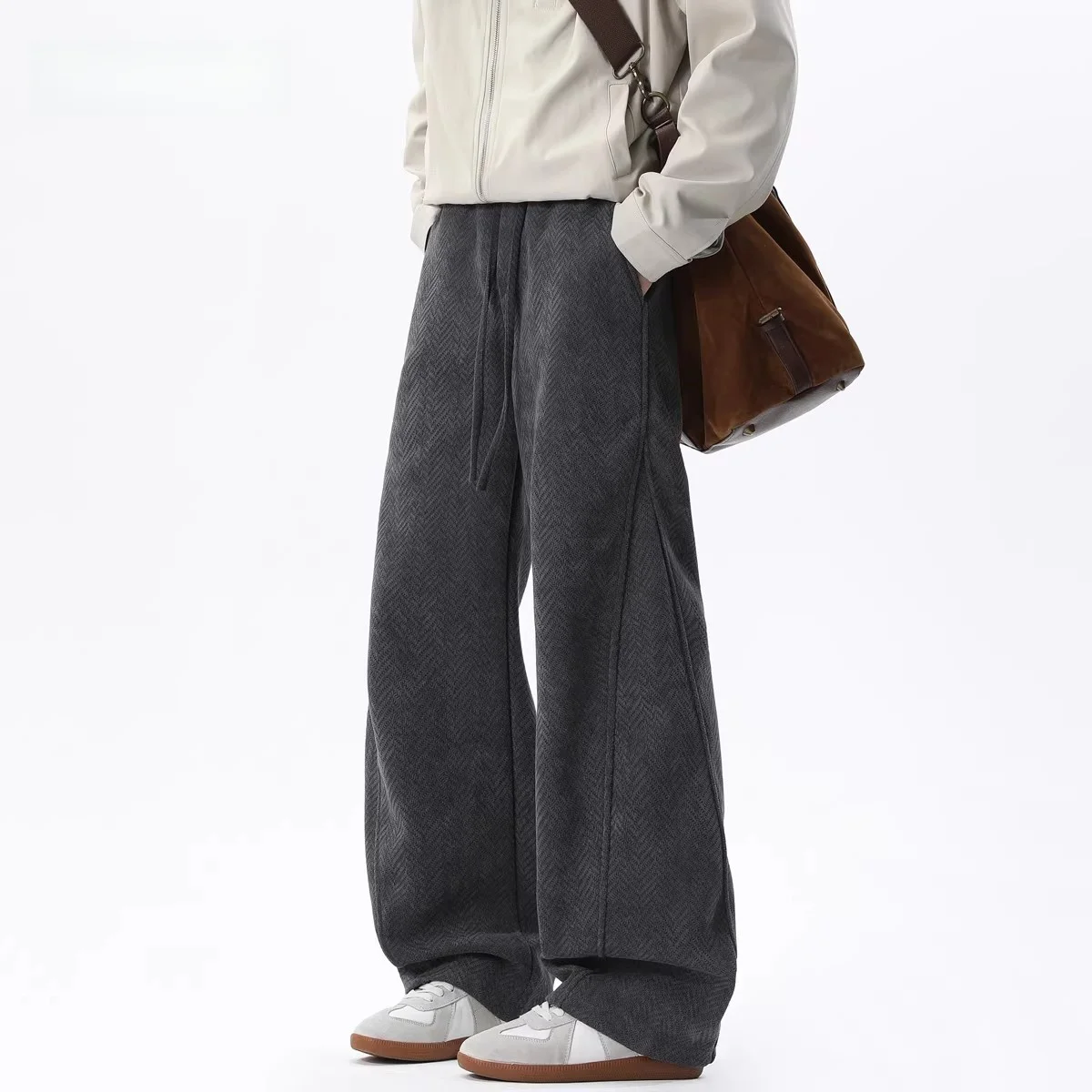 

Men's Fce Lined Straight Leg Casual Pants Winter Warm Loose Fit American Sle Patchwork Spor Long Trousers