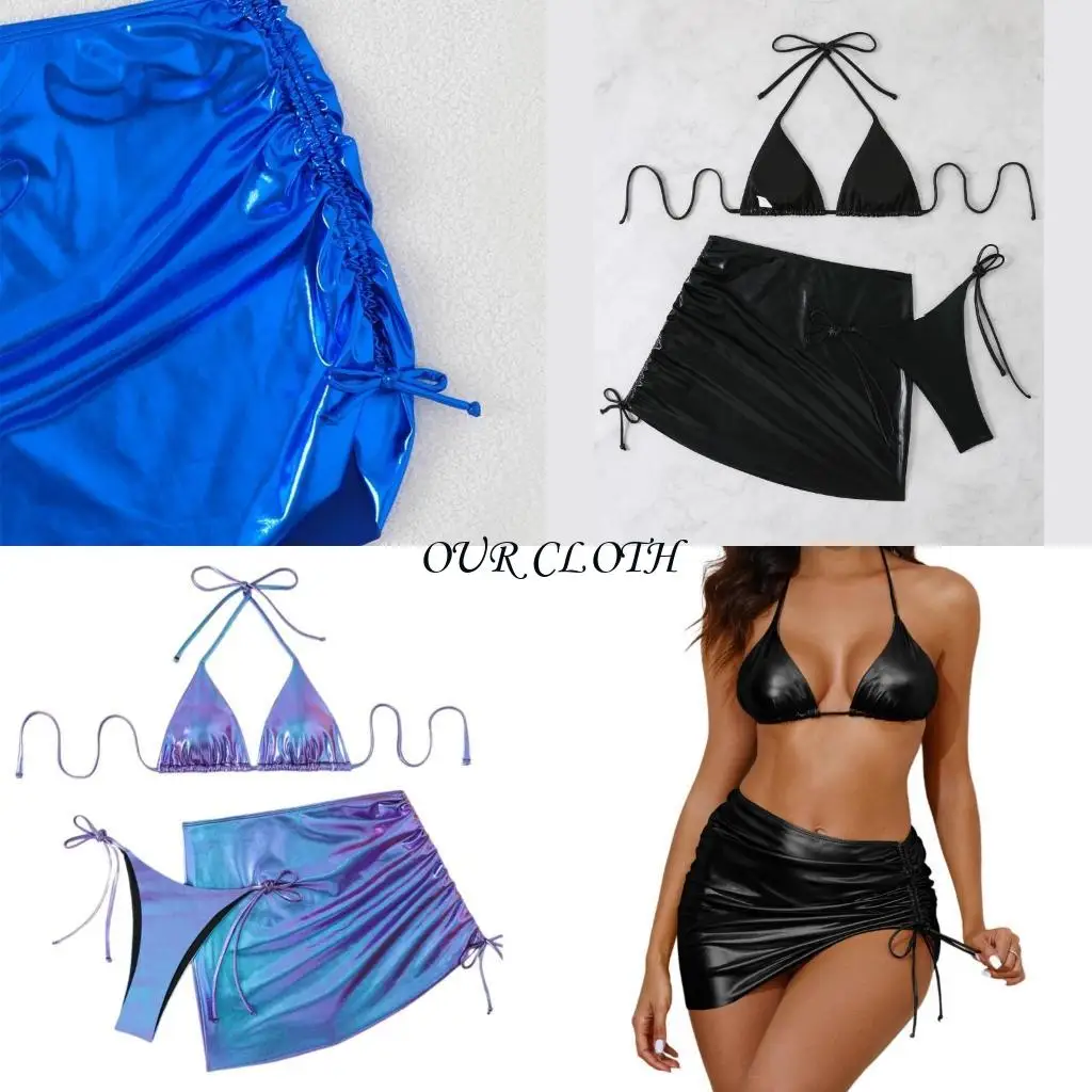 

Women Backless Swimwear Push Up Bathing Suit 3 Pcs Swimsuit with Beach Skirt Y1AC