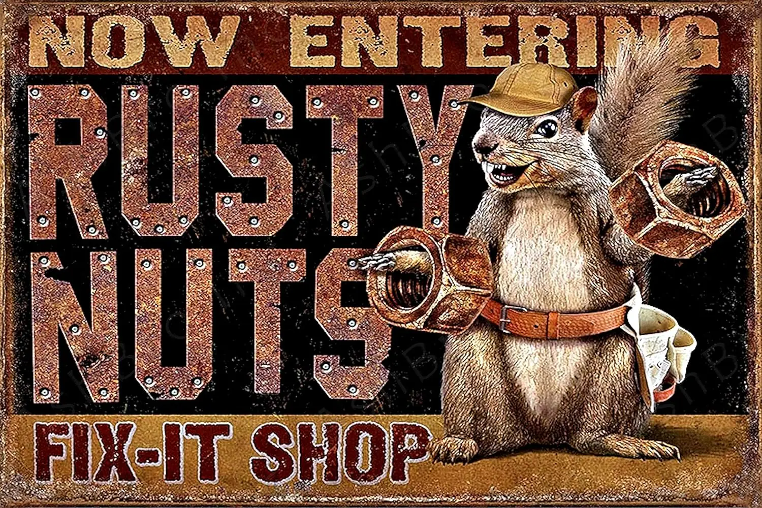 Y1,AshBro Rusty Nuts Fit It Tin Sign compliments Hot Rod Garage Decor Vintage Signs Retro Poster Bar Wall Pin Up Ga