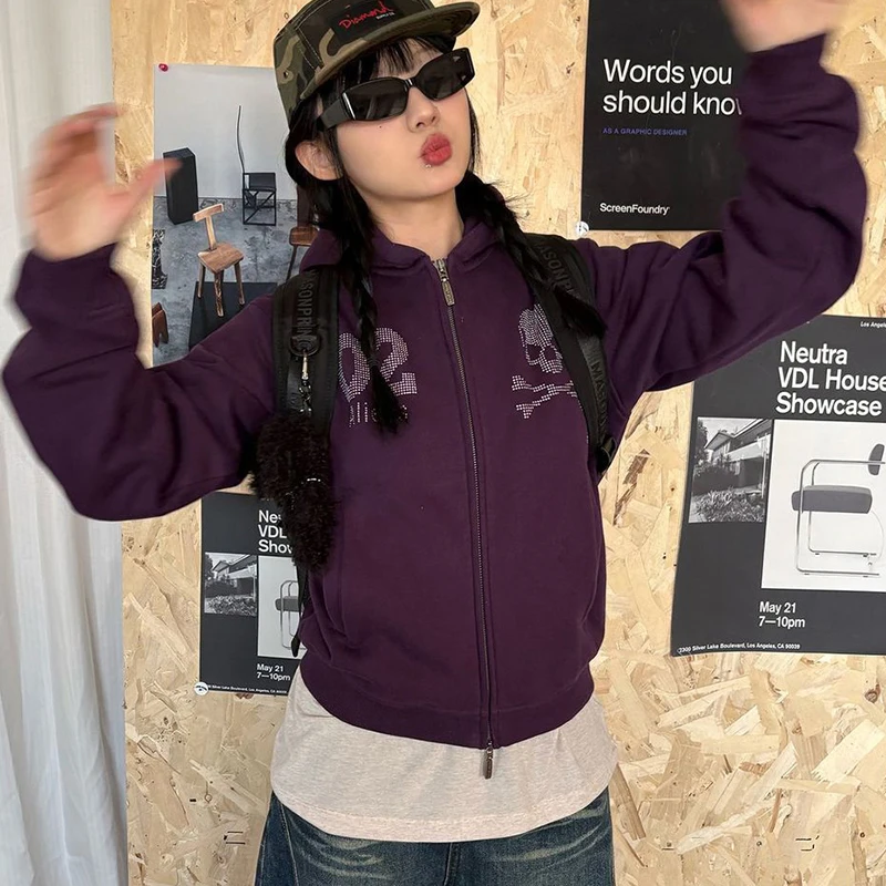 الأمريكية خمر الثقيلة هوديي المرأة طويلة الأكمام زمم حجر الراين البلوز Harajuku Y2K الجمجمة الشارع معطف غير رسمي