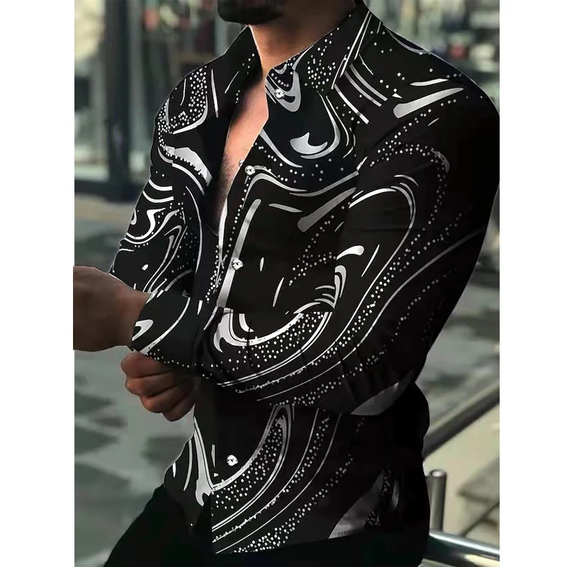

Digital Print Striped Long Sve irt Youth Faion Summer Polyester Blend Slim Fit Iron Free Decorative Stitch Detail