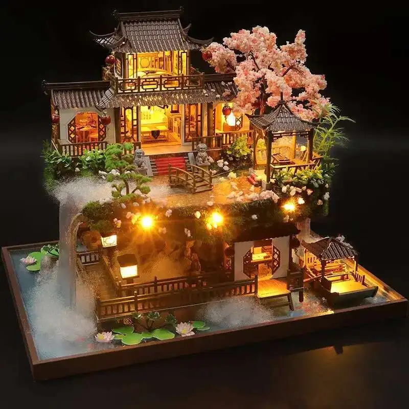 

DIY Wooden Chinese Ancient Casa Miniature Building Kits Bookend With Lights Assembled Bookshelf Home Decoration Friends Gifts