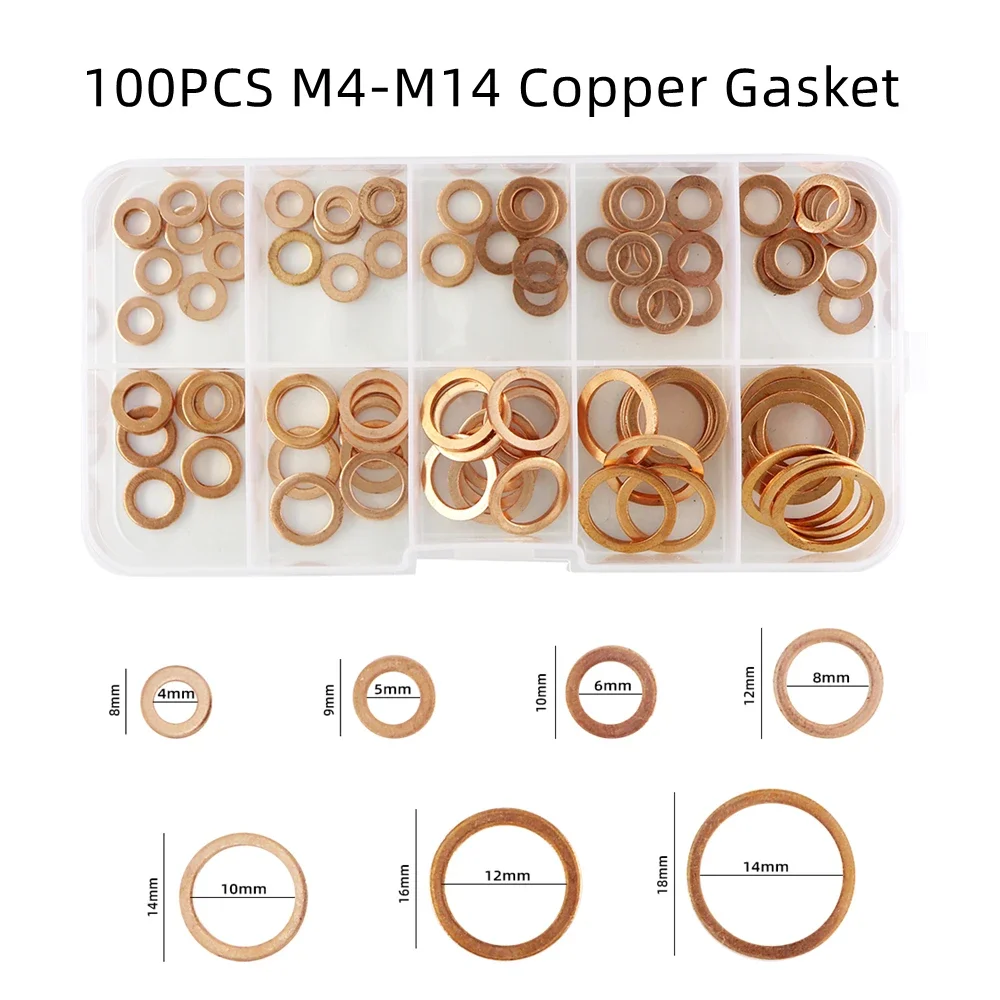100PCS Copper Washer Gasket Nut And Bolt Set Flat Ring Seal Assortment Kit With Box M4/M5/M6/M8/M10/M12/M14 For Sump Plugs