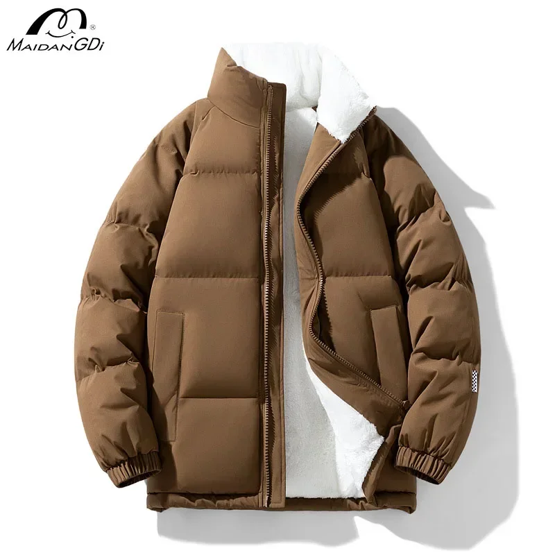 MaiDangDi Mens Winter Windproof Cotton Jacket with Short Velvet Lining Male Cotton Jacket Solid Color Simple Stand Up Collar Top