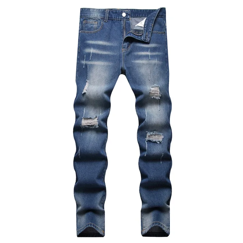 

KEXU Men Zip Detail Ripped Washed Denim Pants High Street Fashion Distressed Long Jeans Trendy Casual Trousers For Male