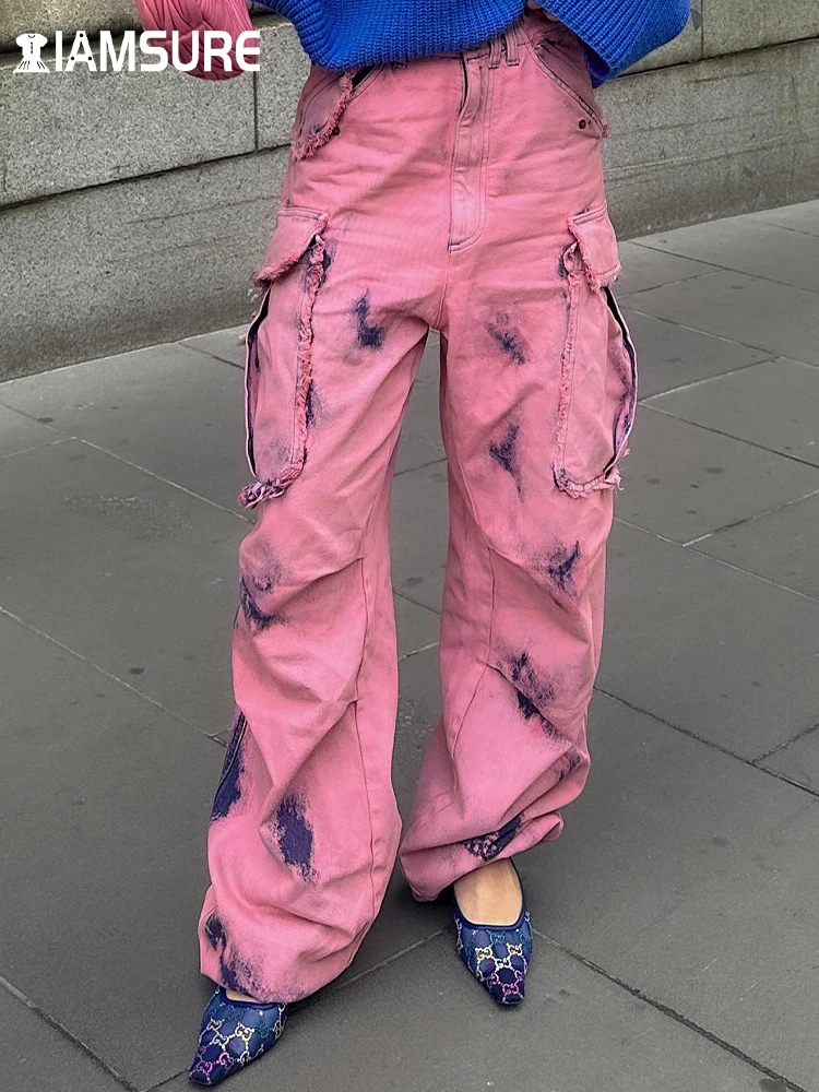 

IAMSURE Sweet Printed Big Poclets Jeans Casual Streetwear Loose High Waisted Wide Leg Pants Women 20233 Autumn Spring Trousers