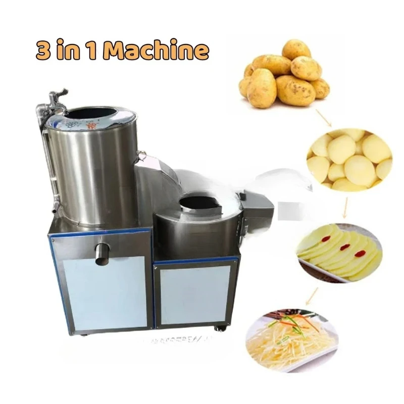 

3-In-1 Vegetable Potato Cassava Taro Washer Peeler Cutter Slicer Washing Peeling Cutting Machine French Fries Making Machine