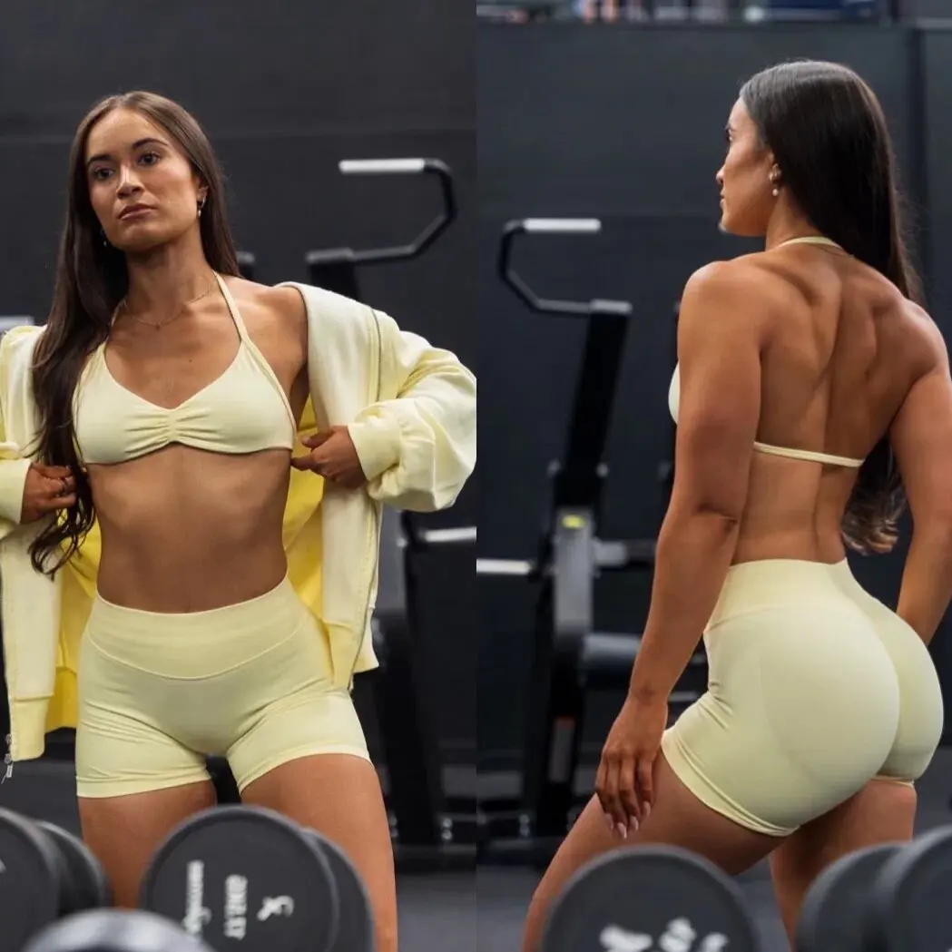 Denyf 2PCS Sexy Neck Band Bra Women's Summer Breathable Backless Yoga Bra Set Women's Fitness Solid Color Yoga Sports Set