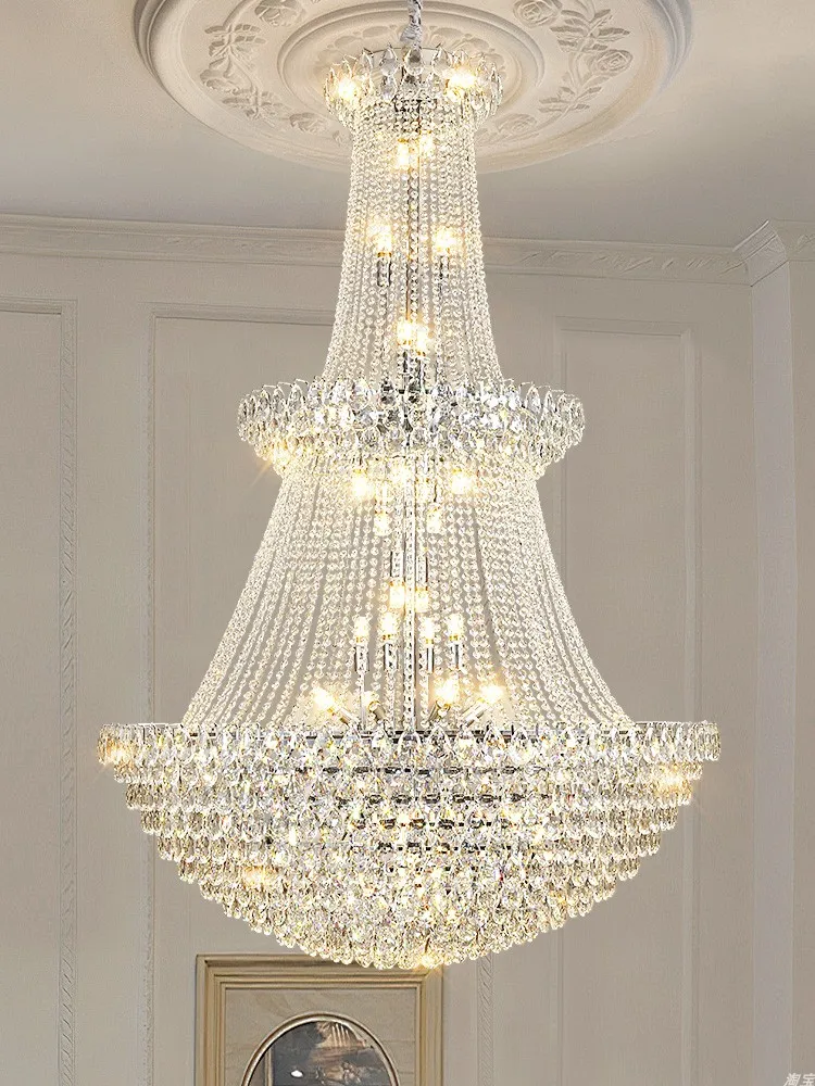 Chrome Metal Duplex Large Chandelier Light Luxury French Villa High Ceiling Living Room Stairwell High Quality Crystal LED Lamp