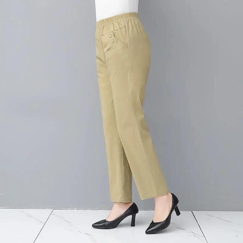 

Straight Trouser Suits Solid Color Pockets High Waisted Elastic Women's Clothing Spring Autumn Classic All-match Cropped Pants