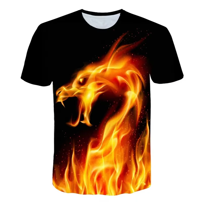 Men 3D Blue Flame Dragon Print Crew Neck Black Casual Loose Summer  Cool Graphic Breathable Hot Sale Quick-dry Family Kids Tees
