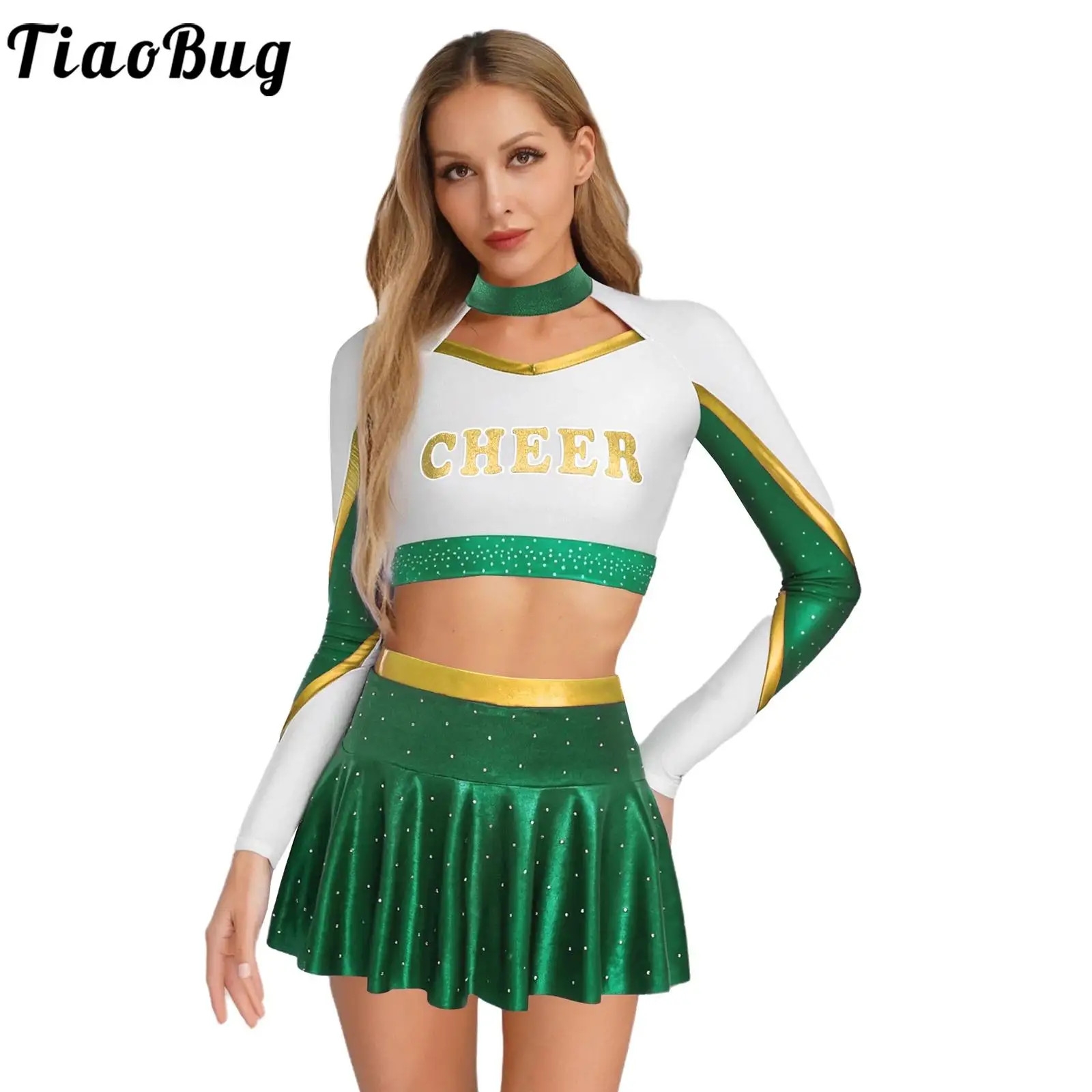

Women's Two Pieces Competition Cheerleading Dance Crop Top And A-line Miniskirt Metallic Letter Print Sets for Cheering Outfits