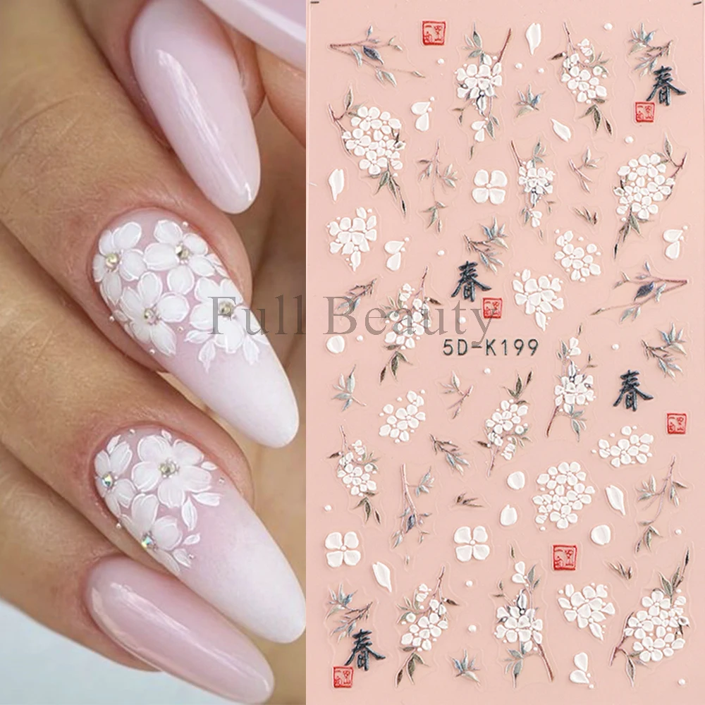 5D Cherry Blossom Nail Stickers White Flowers Leaf Embossed Sliders Chinese Characters Letters Decal Japanese Manicure GL5D-K198