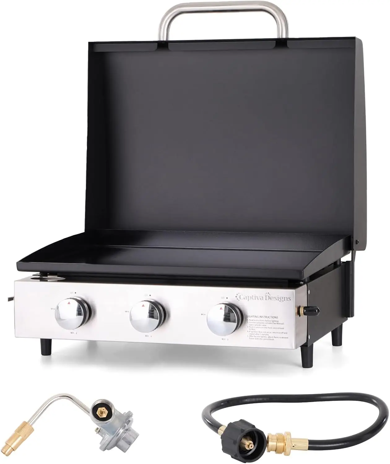 Flat Top Grill with Lid and Ceramic Coated Cast Iron Griddle, 3-Burner Tabletop Propane Gas BBQ Griddle