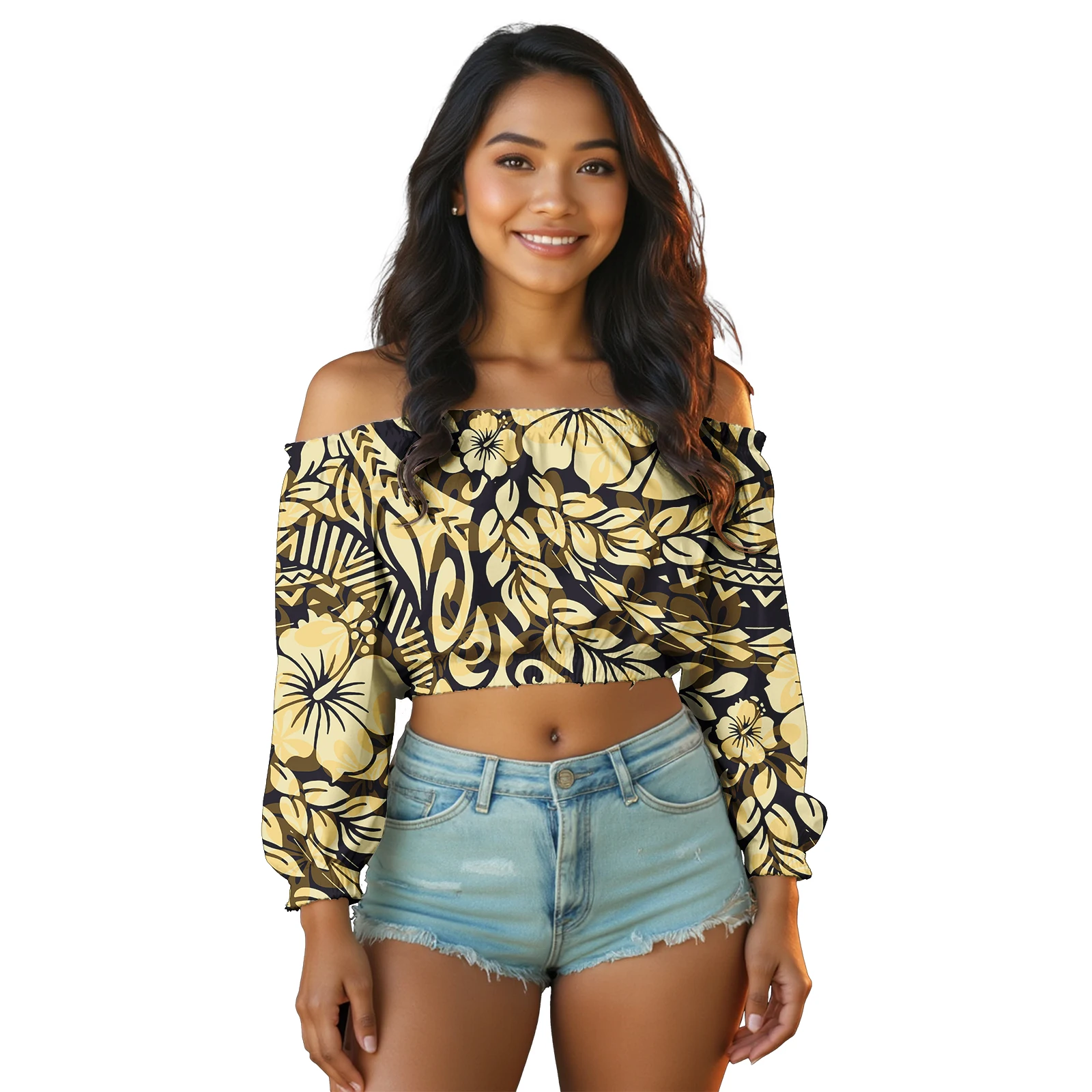 

Pullover Hawaii Customized Oversized T-shirt Island Floral Polynesian Beach Casual Women Crop Top Samoan Cold Shoulder Tops
