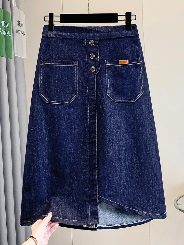 Slimming Effect Korean Style Elastic Waist Denim Skirt Mid-Length A-Line Skirt for plus Size Women Early Autumn Collection