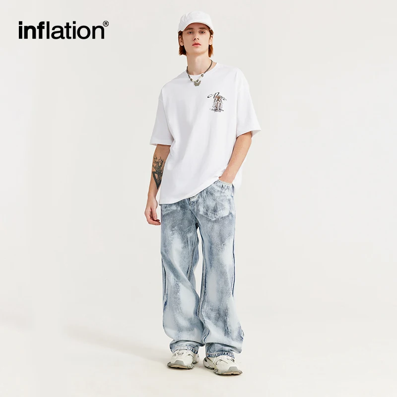 Inflation Gradient gefärbt gewaschen weites Bein Jeans Männer Streetwear Distressed Denim Hosen