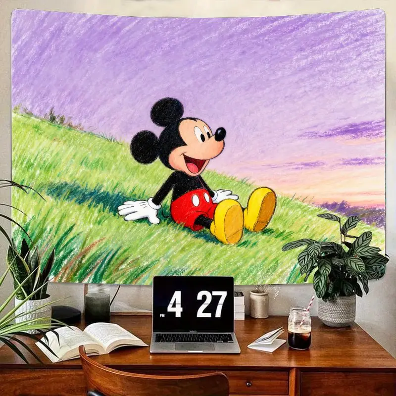 

1 шт., гобелен с Микки Маусом Диснея, современный полиэстер, настенное искусство, зеленый холм, фиолетовое небо, спальня, гостиная, детский декор, подарок