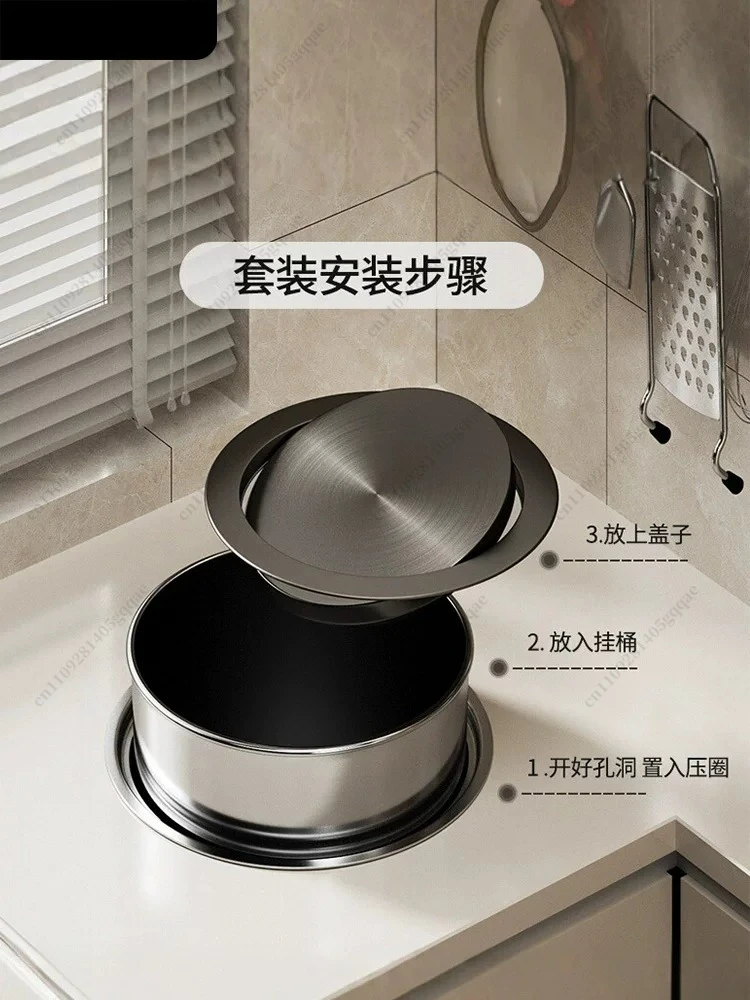

Countertop Trash Can Embedded Stainless Steel Lid Commercial Hotel Bathroom Washing Table Kitchen Special Hanging Bucket