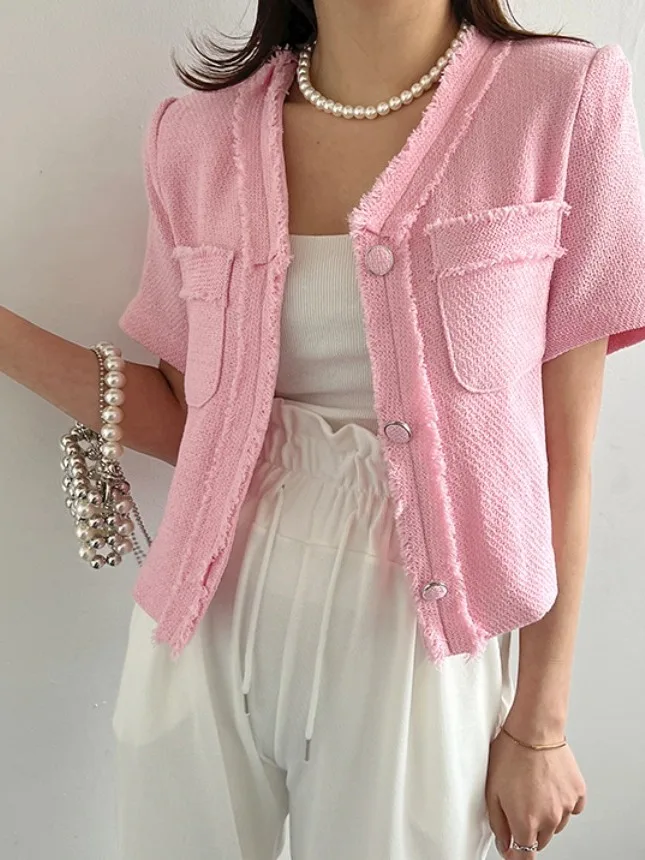 

Chic Summer New Sle Women's ort Coat Pink ss ain Knitwear V-Ne Single Button Commute Pure Color Loose Fit