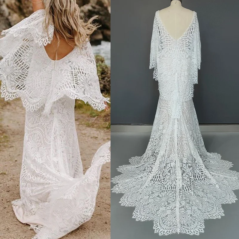 10168# 100% Real Photos Flare Sleeve  Sexy V Neck Open Back Mermaid  Bohemian Sweep Train Lace Wedding Dress Bride Gown 2021