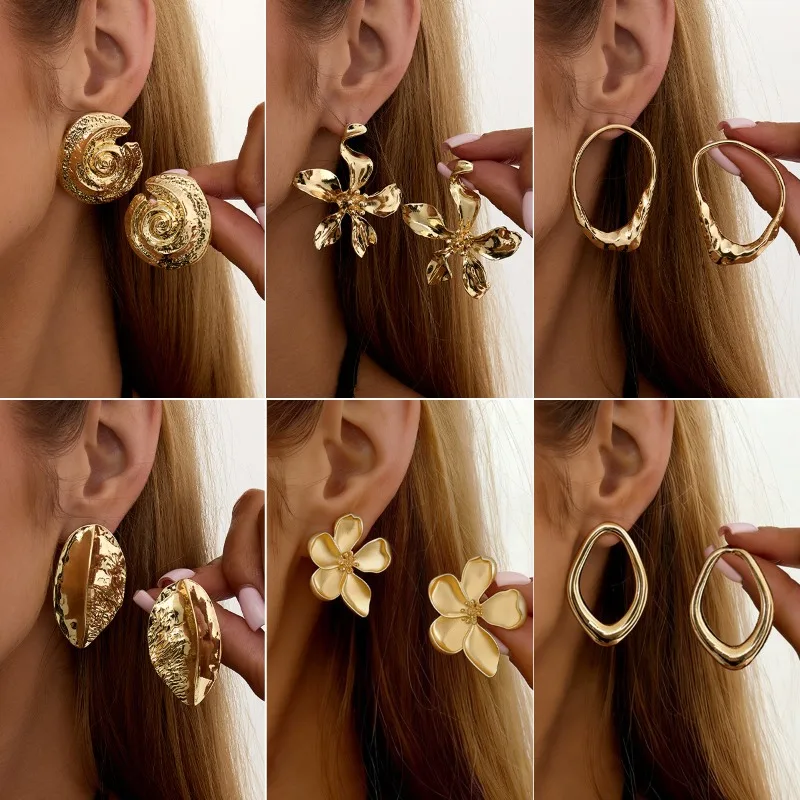 Fashion Exaggerated Irregular Geometric Hollowed-out Circle Spiral Flower Stud Earrings for Women Party Piercing Jewelry Gifts