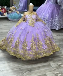 Lavender Flower Girls Dress Luxury With Bow Beading Butterfly Ball Gown Flowers Golden Applique For Birthday Party Gown