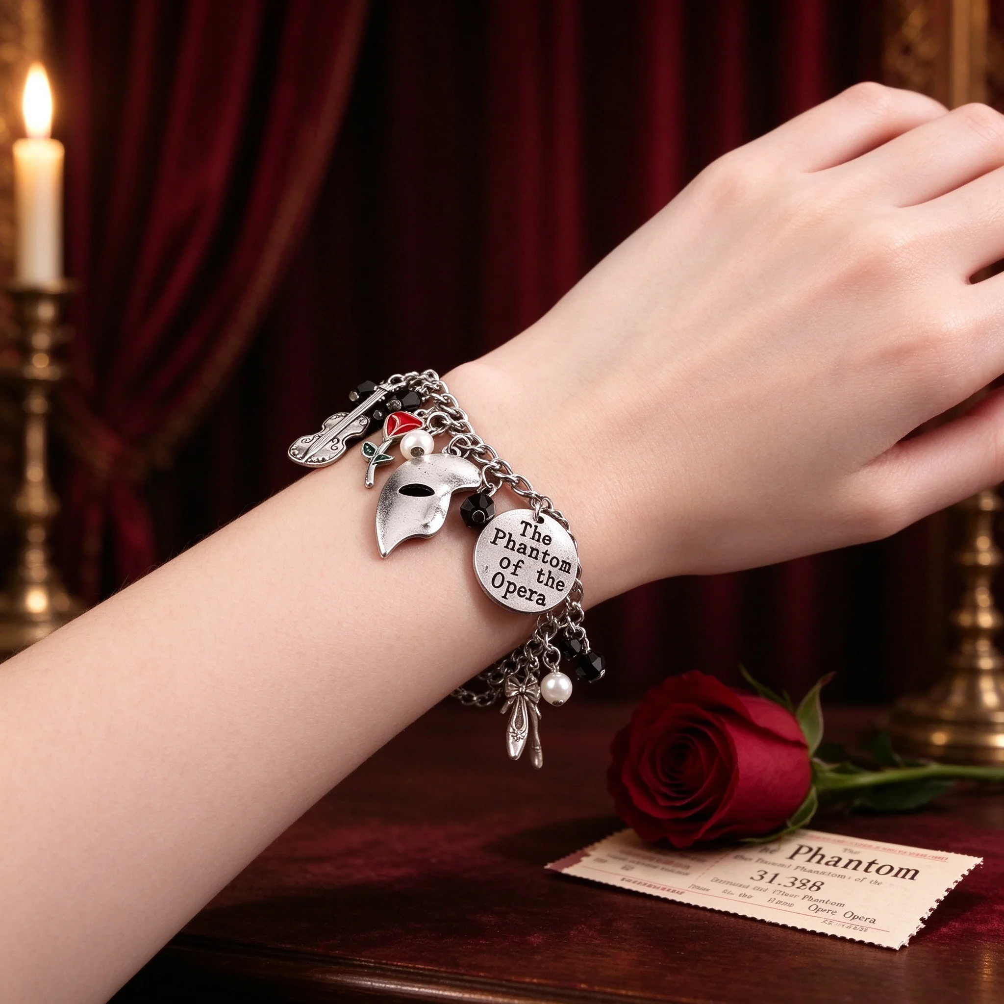 Phantom Of The Opera Charm Bracelet Mask Music Pendant Fake Pearl Ballet Shoes Bangle Jewelry Gift For Fans