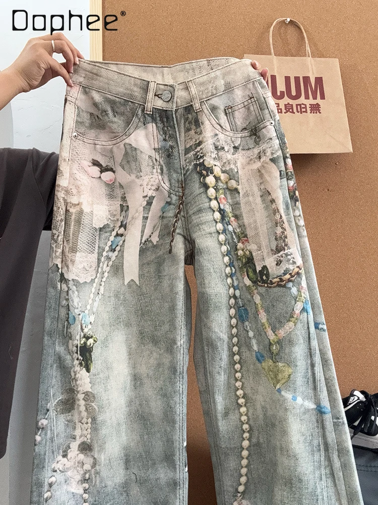 2025 الربيع والخريف جديد النمط الأمريكي الدانتيل اللؤلؤ سلسلة التعادل صبغ الثقيلة ثلاثية الأبعاد الطباعة الرقمية فضفاض عادية مستقيم الجينز #1