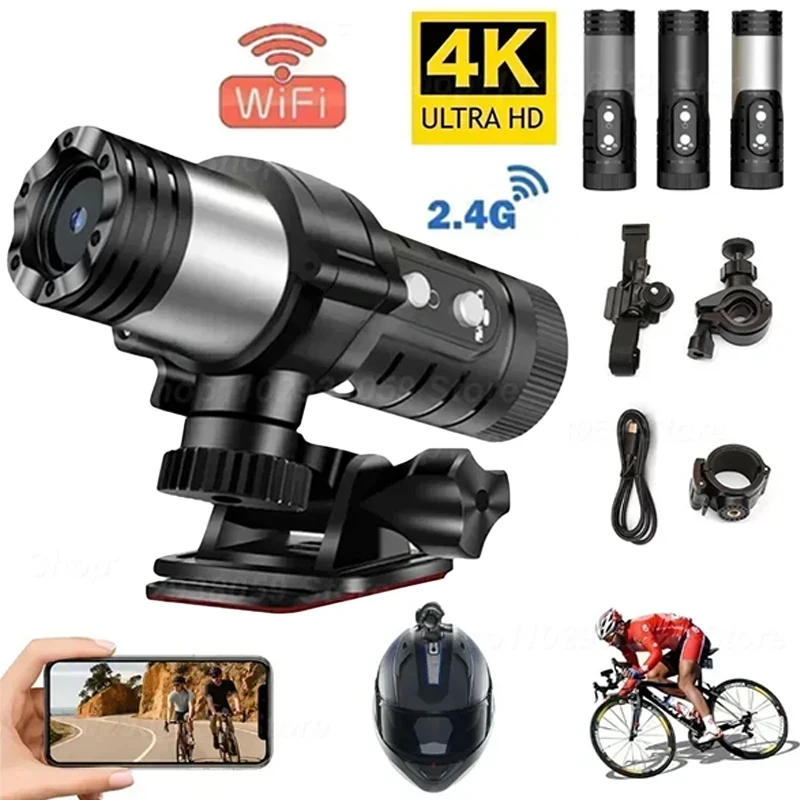 4K Full HD Portable Wifi Camera Waterproof and Anti Shake Sports Cameras Bicycle Motorcycle Helmet Cam Flashlight Camcorder