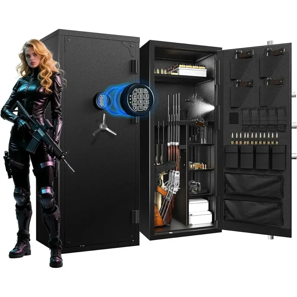 30-Gun Storage Cabinet with Removable Shelves, Silent Operation, External Battery, Key Lock, and LED-Illuminated Door Organizer