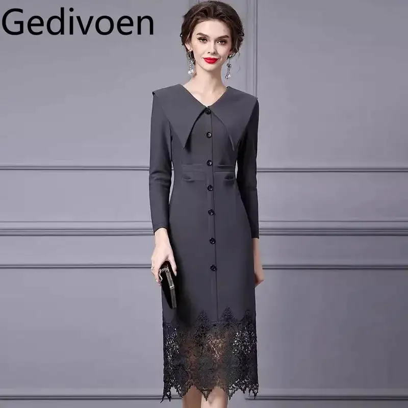 Gedivoen Hollow Out Lace Splicing Fashionable Dress Women's Turn-Down Collar Long Sleeved Single-Breasted Elegant Dresses