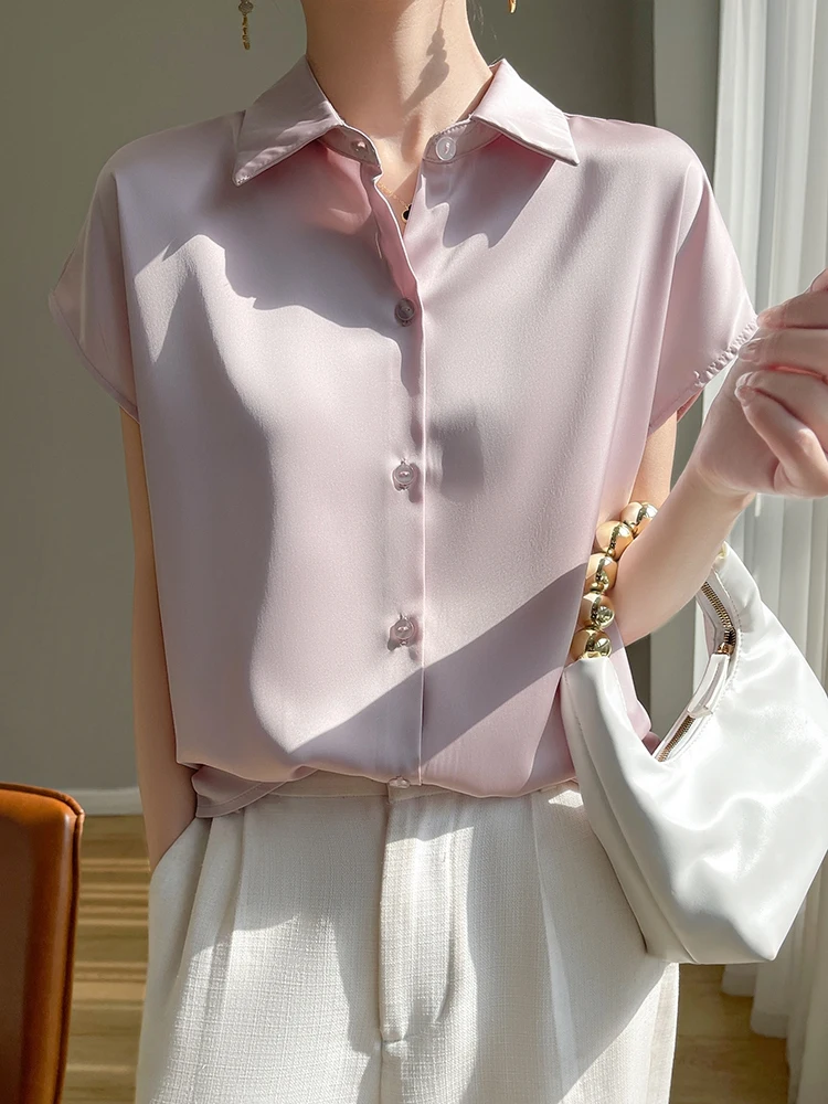 Oversize New Arrival Blouses With Short Sleeves Silky Satin Surface Women's Casual Shirts Top Solid Lady Clothing Fashion Trends