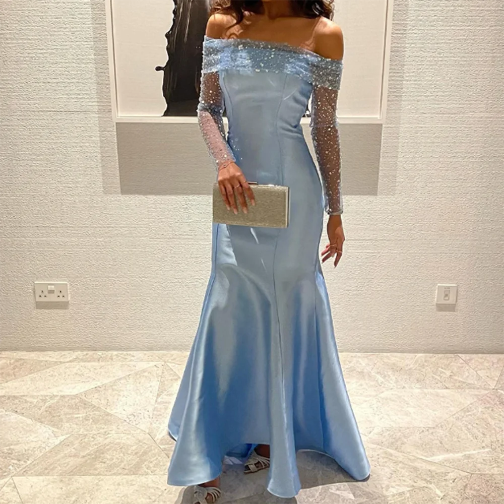 

Elegant Light Blue Satin Luxury Formal Evening Dress Shiny Sequin Sleeves Floor Length Trumpet Boat Neck Slimming Robe De Soirée