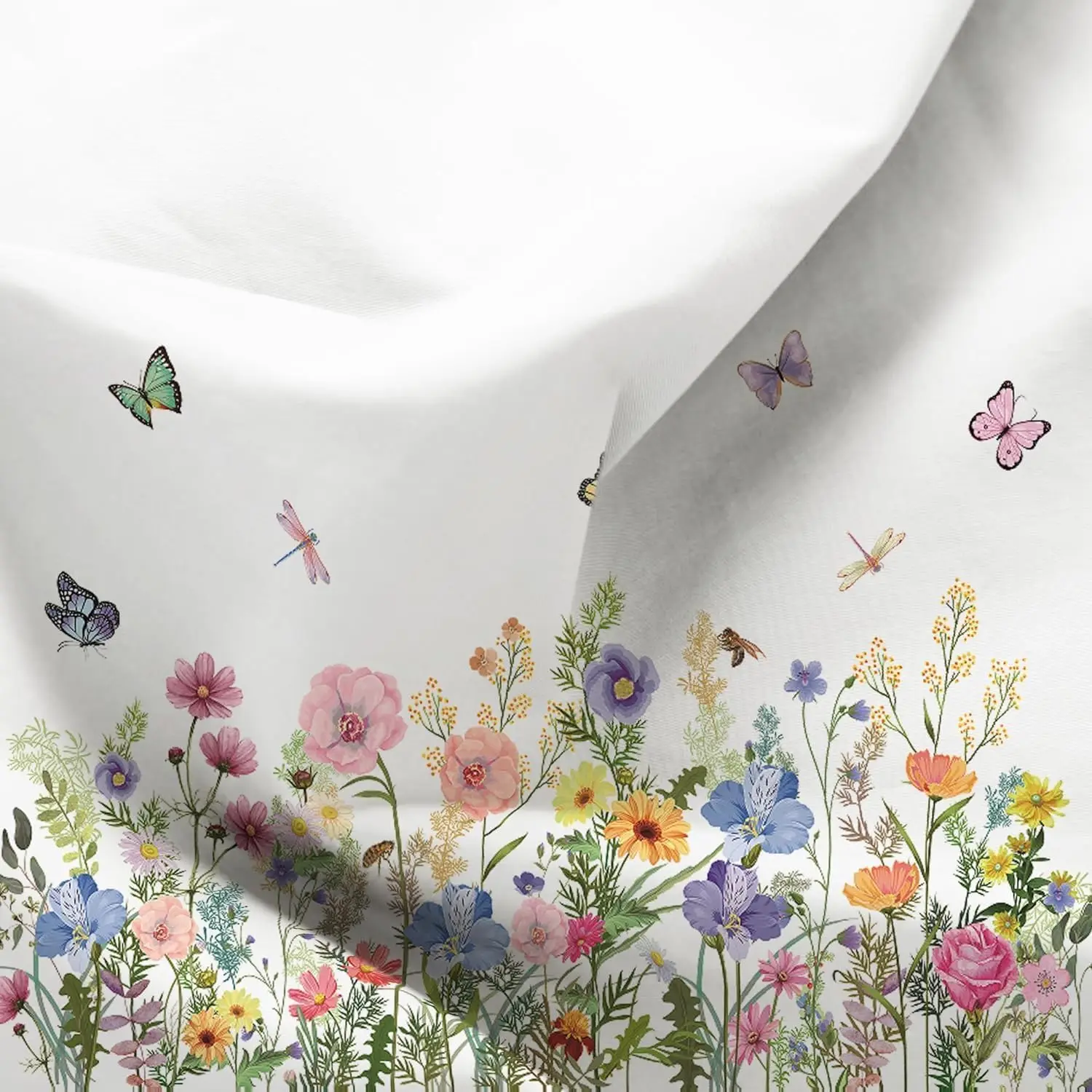 Wildflower Insect Shower Curtain Colorful Garden Scene Bathroom Decor Nature Inspired Floral Bath Curtain for Home Decoration