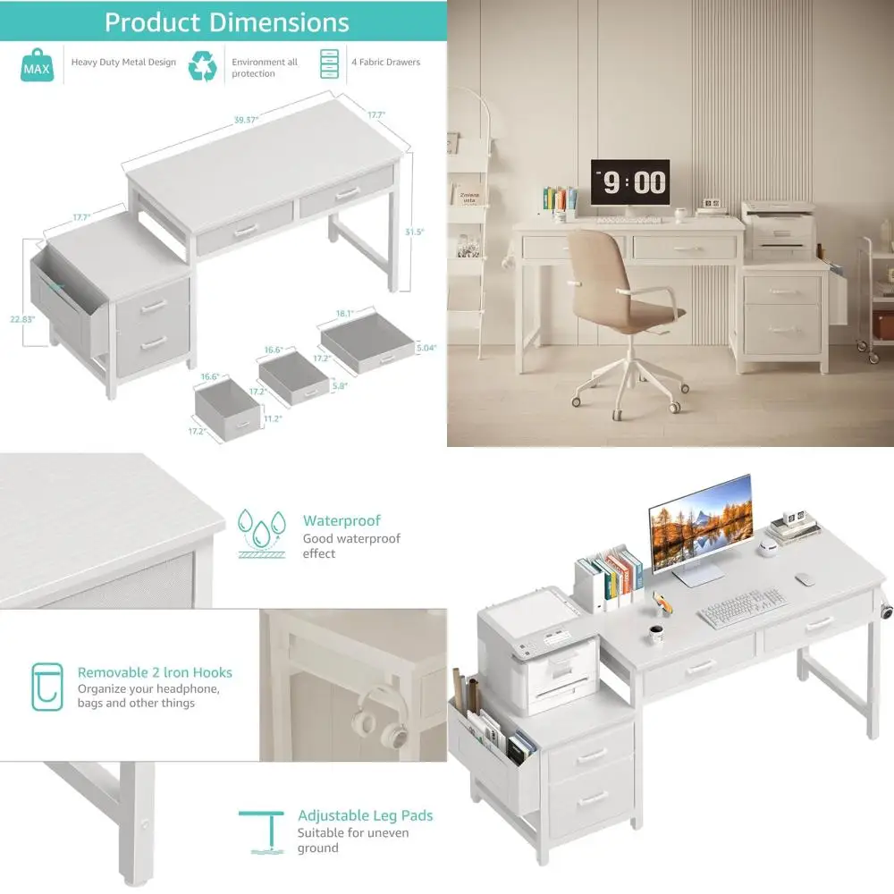 

57 White Home Office Desk with Fabric Drawers, Reversible Filing Cabinet, Printer Stand for Compact Spaces