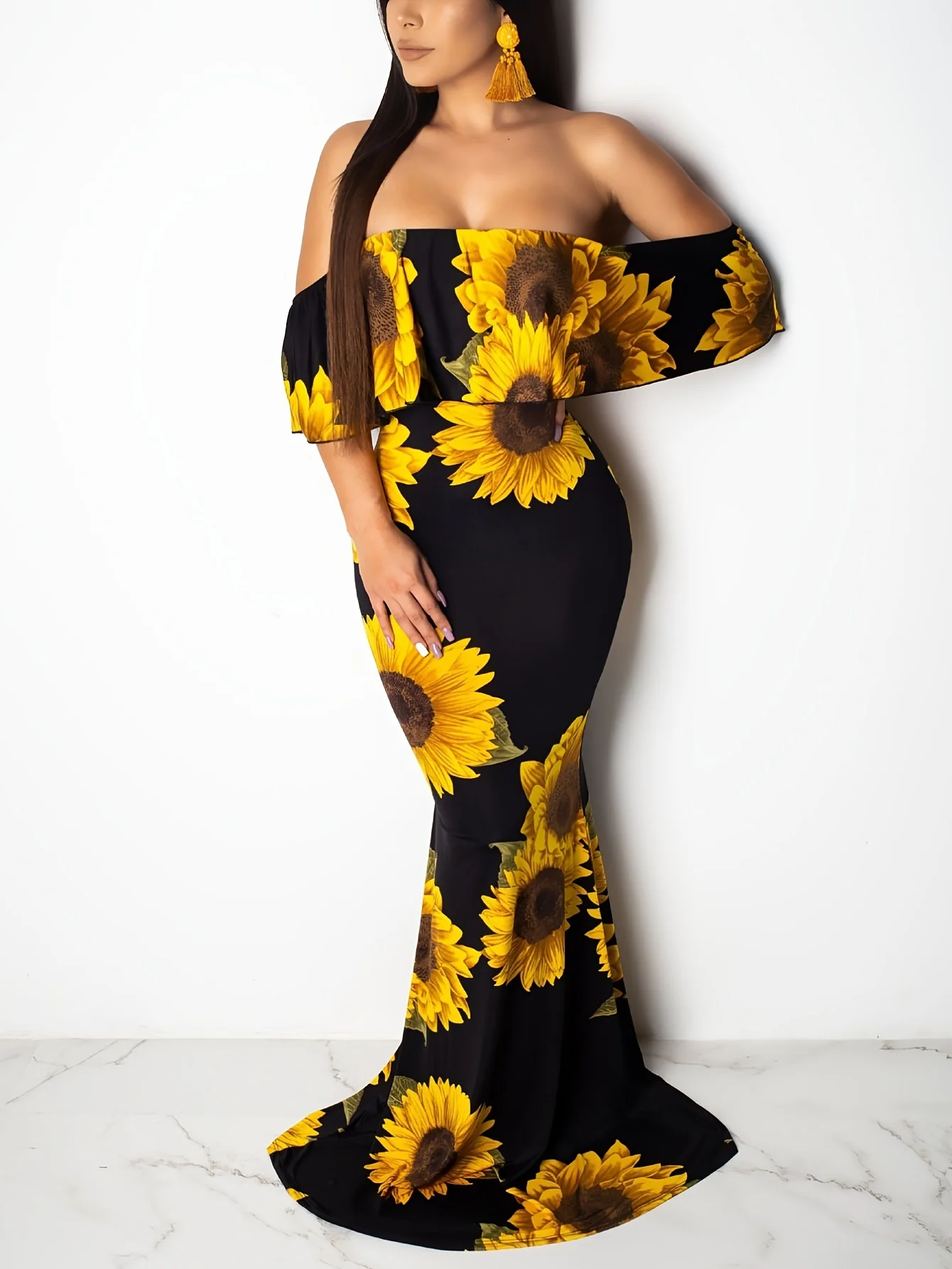 Women Rose Sunflower Floral Print Strapless Sexy Bodycon Slash Neck Off Shoulder Short Sleeve Polyester Floor Length Maxi Dress