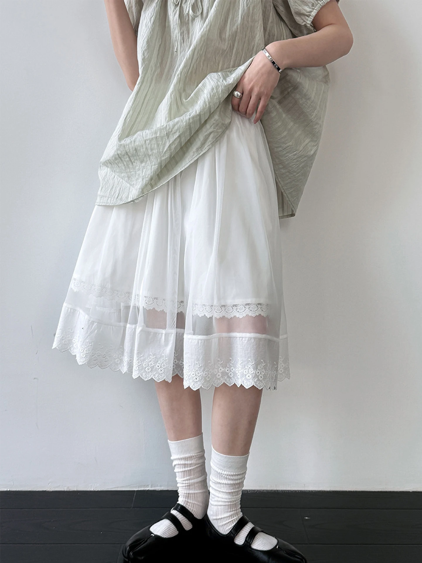 white-lace-trim-half-skirt-women's-summer-ballet-style-double-layered-mesh-skirt-high-waist-a-line-skirt-loose-fit-elastic-waist