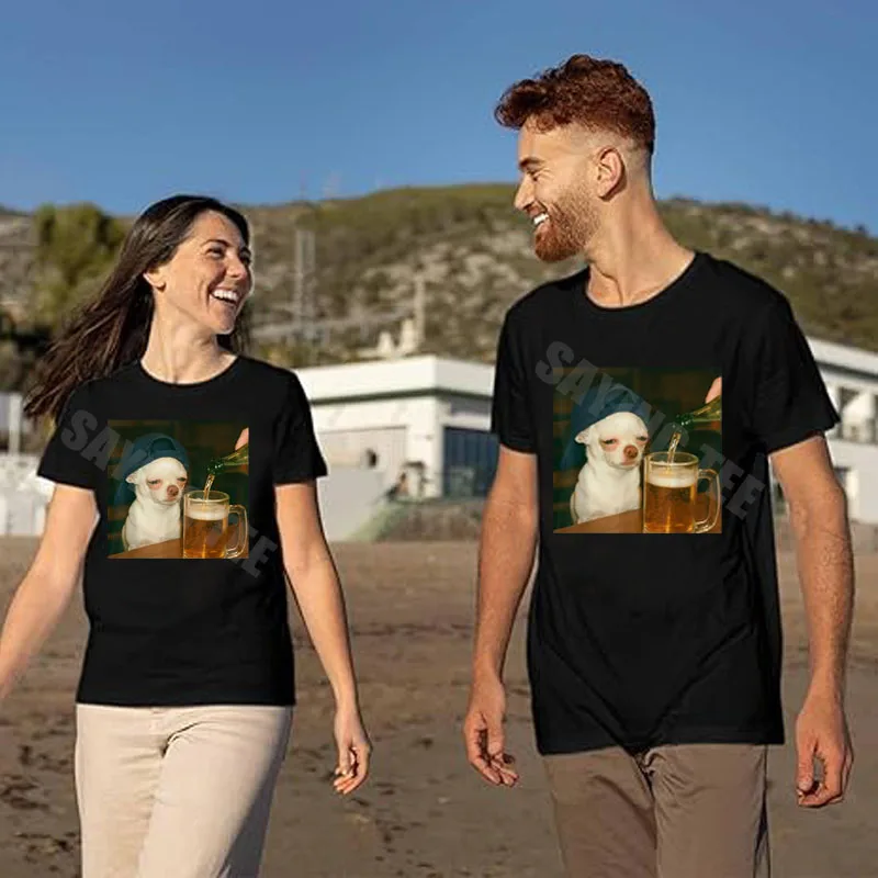 Funny Chihuahua Beer Meme Dog Reaction T-Shirt Y2k Humor Funny Silly Dog Mood Graphic Outfit Personality Saying Tee Novelty Gift
