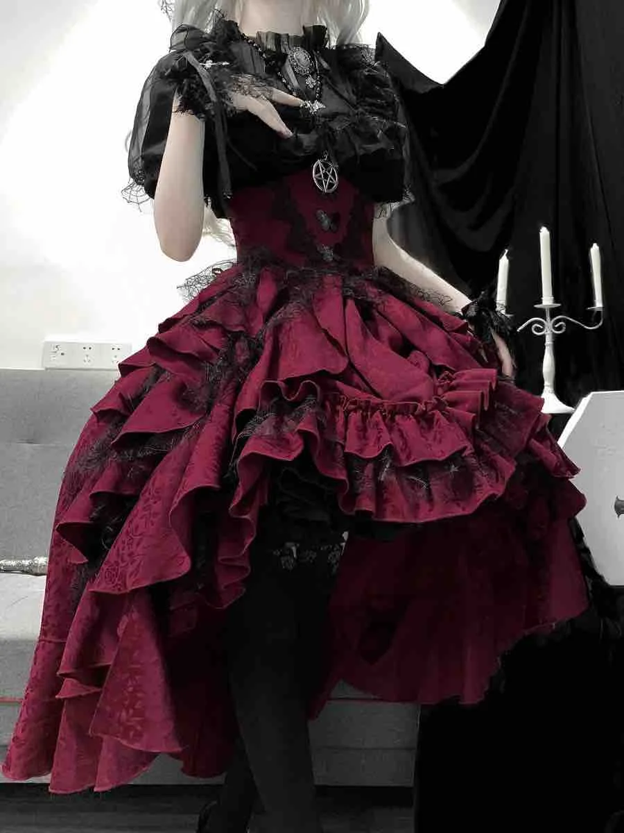 2024 Dark Gothic Lolita Black Shirt Red Pull up Top Shirt Skirt Set Lolita Asymmetric half skirt two-piece set