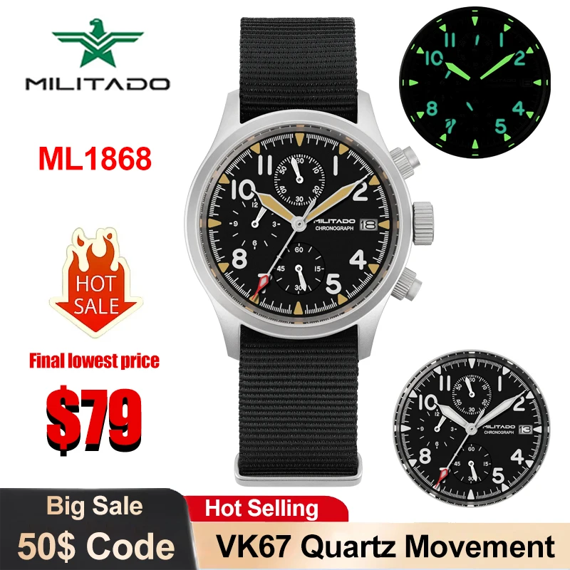 

Militado ML1868KF Кварцевые часы VK67 с хронографом Военные часы с 3 циферблатами Винтажные часы 100 м Водонепроницаемые часы с сапфировым стеклом