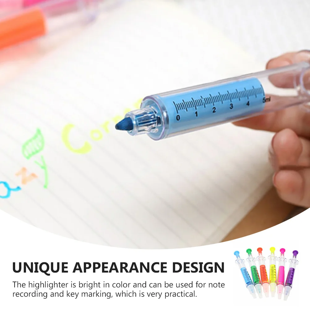 6 szt. Zakreślaczy w kształcie strzykawek, jaskrawe kolory, pisze gładko, szeroka końcówka, dla uczniów, nauczycieli, pielęgniarek, do użytku biurowego.
