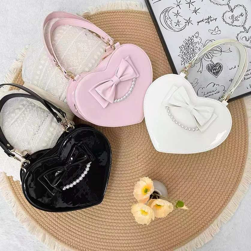 Lolita Bags for Girls Bow Student Daily Cute Love Hand Shoulder Oblique Span Top-Handle Bags Kawaii Sweet Women's Handbags