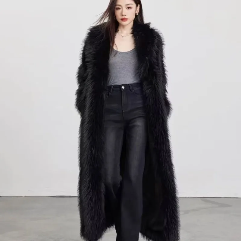 Winter Warm New Faux Fox Fur Black Long Coat Extra Cotton Lining Thickened Fur Furry Outerwear Women's Young Windbreaker