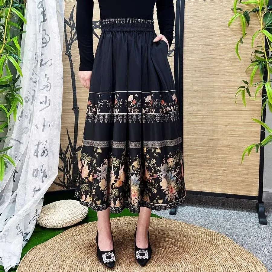 New Style Ethnic Half-Skirt High Waist Elastic Printed Long Skirt National Style Retro Dress