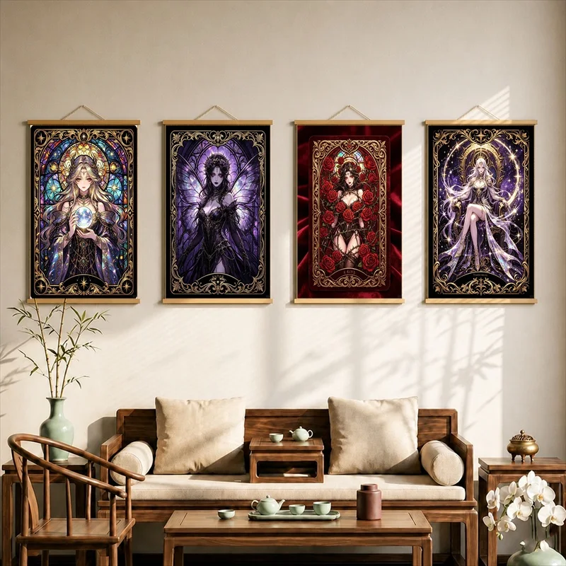 Wall Art Stained Glass Celestial Mystery, Gothic Art Nouveau Pearlescent Canvas Wall Hanging Scroll for Meditation Nook Interior