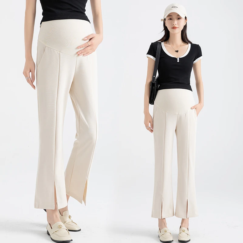 

Boot Cut Split Leg Pants for Maternity Summer Thin Drooping Slim Fit Cropped Trousers for Pregnant Women Elegant OL Pregnancy