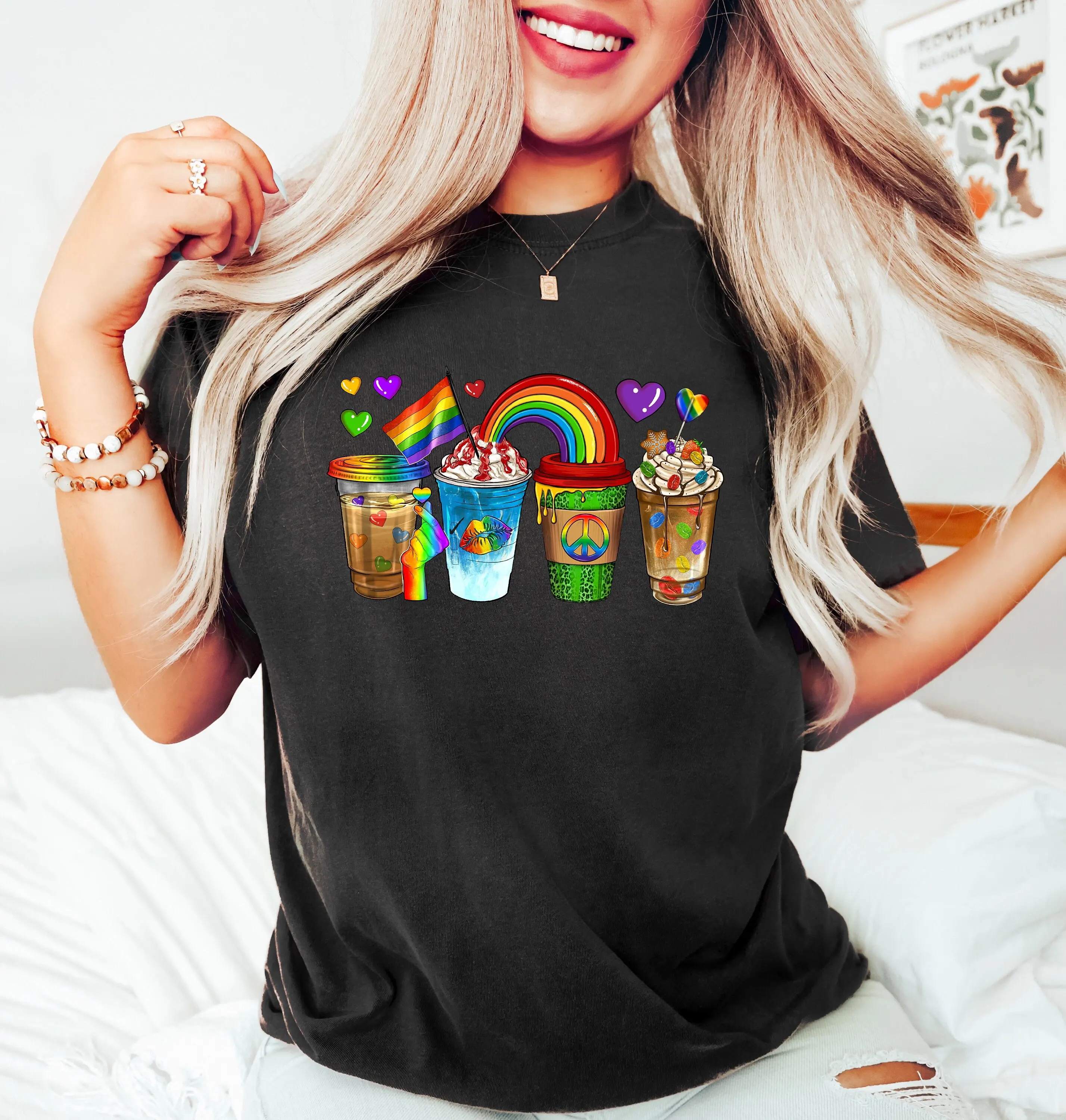 Pride Coffee Cups T Shirt Rainbow LGBTQ Lesbian Gay