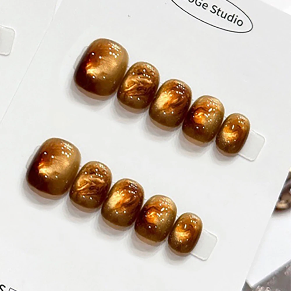 10 قطع روبي القط العين الأظافر كاذبة اليدوية سباركلي بريق اضغط على الأظافر مزاجه أنيقة مسمار الفن زهرة حمراء مسمار للنساء #3